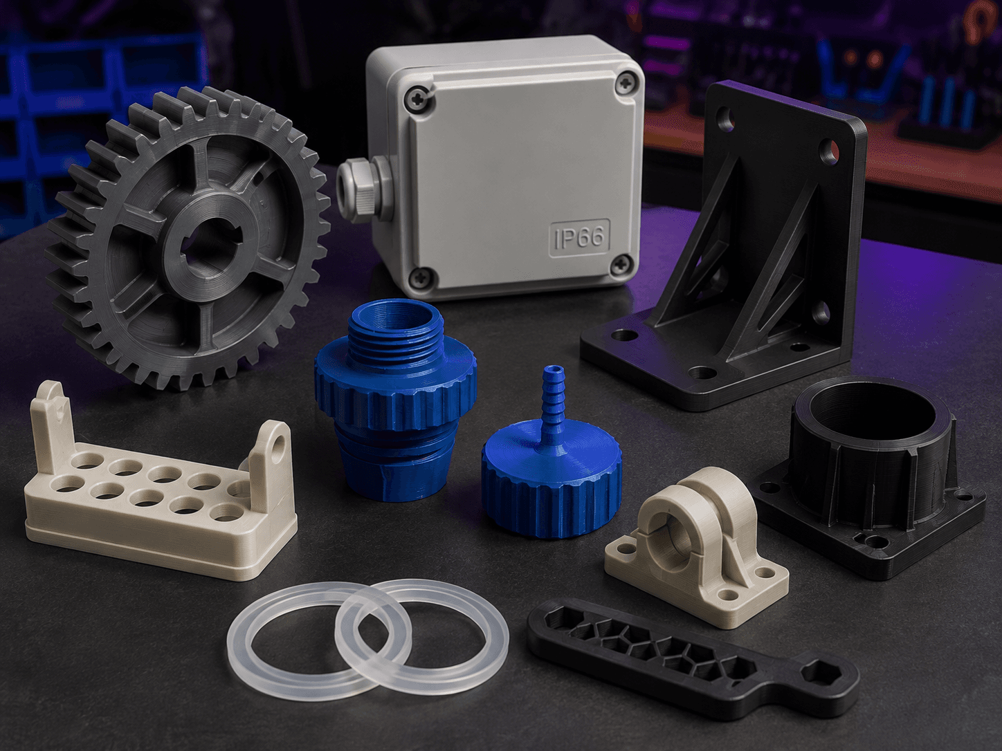 Acervo de peças produzidas por impressão 3D: engrenagem, caixa de proteção IP66, suporte de fixação, conexões roscadas, anéis de vedação e outros componentes técnicos