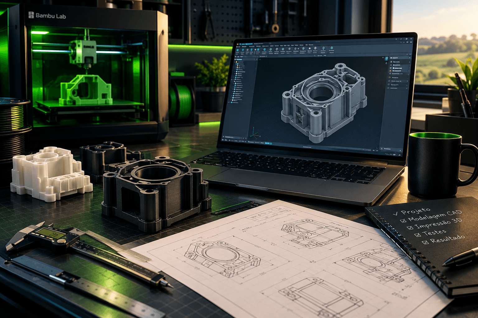 Bancada de P&D com impressora 3D imprimindo uma peça, laptop com modelo CAD aberto, peças impressas, paquímetro e desenho técnico